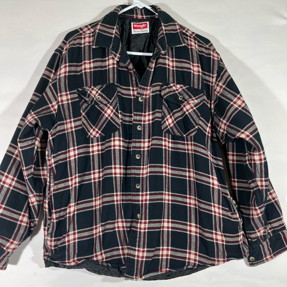 Wrangler Flannel Shacket Shirt Men L Black/Red Quilted‎ W/Side Pockets Outdoor